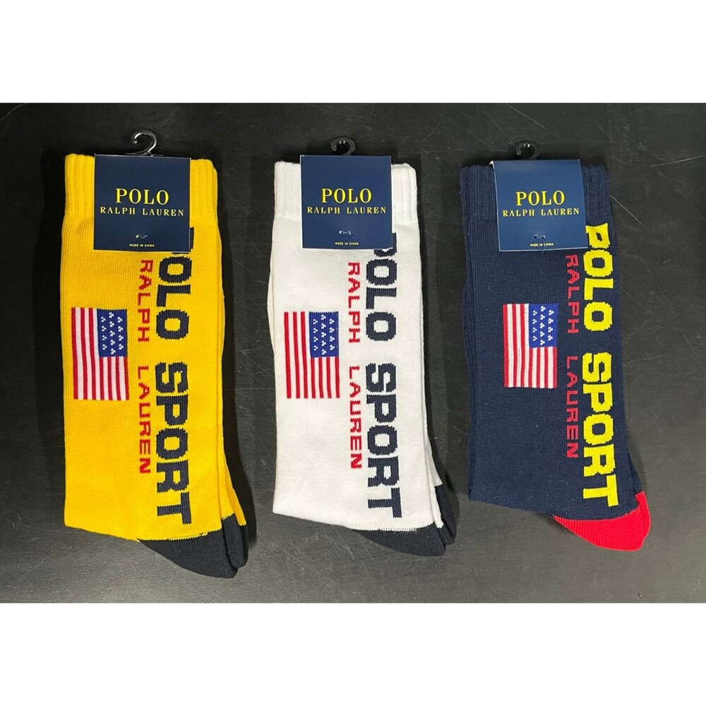 Polo Ralph Lauren Polo Sport USA Flag Crew Socks Size Large Navy White Yellow NW